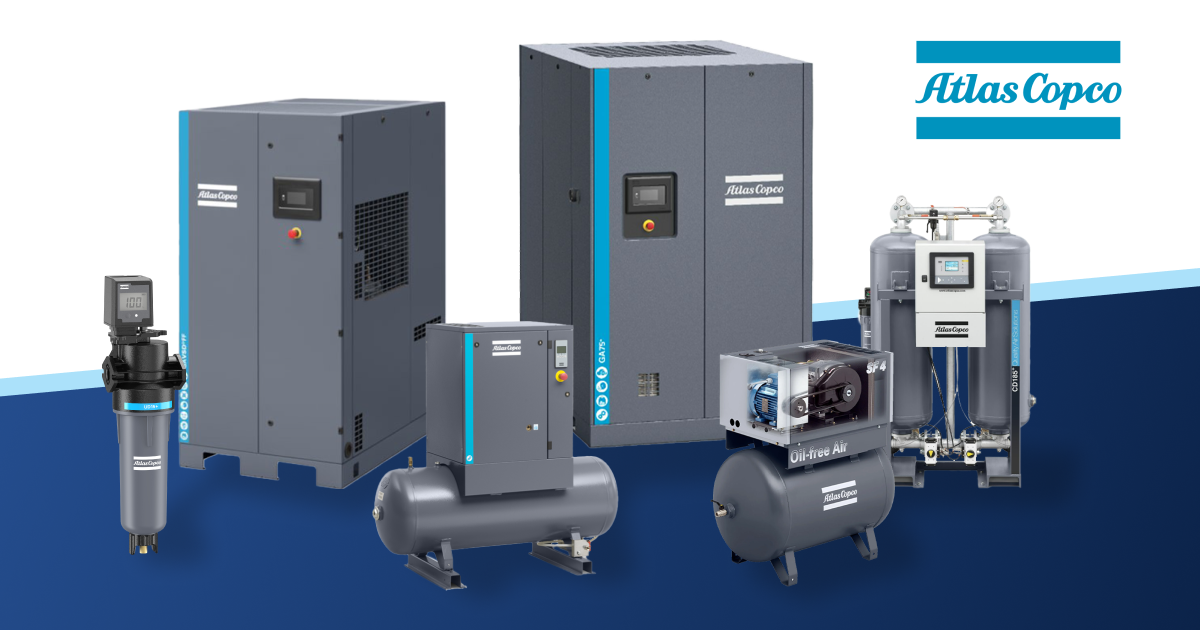 Brand Collage Atlas Copco, a variety of products arranged on an atlas branded background